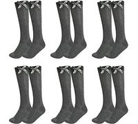 AA ESSENTAILS® 3 Pairs, 6 Pairs Kids Girls Knee High Socks With Bow Girls School Uniform Party Casual Wear Cotton Stretch Plain Socks(Grey 6-PK 12-3)