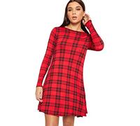 AA Essential® Womens Ladies Plain Jersey Bang Tartan Print Long Sleeve Party A Line Skater Flared Swing Dress Tee Top (Red Tartan, 12-14)