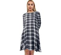 AA Essential® Womens Ladies Plain Jersey Bang Tartan Print Long Sleeve Party A Line Skater Flared Swing Dress Tee Top (Grey Tartan, 12-14)