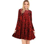 AA Essential® Womens Ladies Plain Jersey Bang Tartan Print Long Sleeve Party A Line Skater Flared Swing Dress Tee Top (Red Leopard, 12-14)