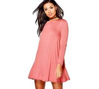 AA Essential® Womens Ladies Plain Jersey Bang Tartan Print Long Sleeve Party A Line Skater Flared Swing Dress Tee Top (Coral, 20-22)