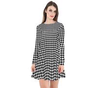 AA Essential® Womens Ladies Plain Jersey Bang Tartan Print Long Sleeve Party A Line Skater Flared Swing Dress Tee Top (Dog Tooth, 20-22)