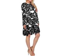 AA Essential® Womens Ladies Plain Jersey Bang Tartan Print Long Sleeve Party A Line Skater Flared Swing Dress Tee Top (Skull Rose, 12-14)
