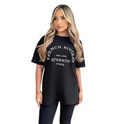 AA Essentials® Ladies Slogan Printed Oversized Baggy Fit Short Sleeves T-Shirt Summer Loose Round Neck Tee Top Womens Elegant Casual Wear T-Shirts (French Riviera Black, L-XL)