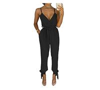 AA ESSENTIALS® Women’s Jumpsuit Wrap Over V-Neck Sleeveless Playsuit - Ladies Spaghetti Strappy Casual Tie Belted Waist Ankle Plunge Tie All in One Dress (Black, 14)
