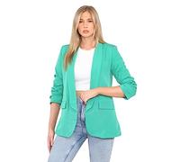 AA Essentials® Women's Plain Full Lined Open Front Collared Italian Blazer Ladies 3/4 Ruched Sleeve Stylish Work Office Outerwear Coat Jacket Suit Top with Flap Pockets (Jade Green, XXL)
