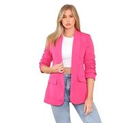 AA Essentials® Women's Plain Full Lined Open Front Collared Italian Blazer Ladies 3/4 Ruched Sleeve Stylish Work Office Outerwear Coat Jacket Suit Top with Flap Pockets (Cerise, XL)