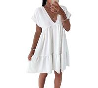 AA Essentianls® Women's Smock Pleated Ruffle Mini Dress - Ladies Short Sleeve Summer Swing Flowy Sundresses Casual V-Neck Loose Fit Frill Layered Tunic Tops (White, 16/18)
