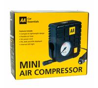 AA Car Essentials 12V Compact Tyre Inflator AA5007 - For Cars Vans Motorbikes Vehicles Inflatables Bicycles - PSI BAR KPA 0-80 PSI - Includes Adaptors, Black