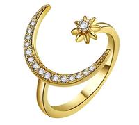AAA Cubic Zirconia Big Moon and Sun Star Ring 925 Sterling Silver Opening Ring Crescent Shape Rhinestone Finger Band Half Moon Sun Star Artificial Diamond Inlay Engagement Ring