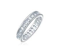 AAA Cubic Zirconia Channel Set Rectangle Emerald Cut Baguette CZ Eternity Ring Anniversary Wedding Band For Women .925 Sterling Silver 4MM Stackable Rings