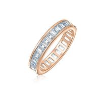 AAA Cubic Zirconia Channel Set Rectangle Emerald Cut Baguette CZ Eternity Ring Anniversary Wedding Band For Women Rose Gold Plated .925 Sterling Silver 4MM Stackable Rings