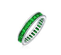 AAA Cubic Zirconia Channel Set Rectangle Emerald Green Cut Baguette CZ Eternity Ring Anniversary Wedding Band For Women .925 Sterling Silver 4MM Stackable Rings