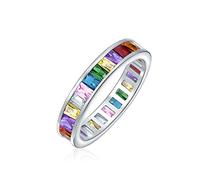 AAA Cubic Zirconia LGBTQ Colorful Rainbow Channel Set Rectangle Emerald Cut Baguette CZ Eternity Ring Anniversary Wedding Band For Women .925 Sterling Silver 4MM Stackable Rings