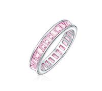AAA Cubic Zirconia Pink Channel Set Rectangle Emerald Cut Baguette CZ Eternity Ring Anniversary Wedding Band For Women .925 Sterling Silver 4MM Stackable Rings
