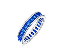 AAA Cubic Zirconia Royal Blue Simulated Sapphire Channel Set Rectangle Emerald Cut Baguette CZ Eternity Ring Anniversary Wedding Band For Women .925 Sterling Silver 4MM Stackable Rings