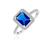 AAA CZ Pave Band Rectangle Solitaire Halo Blue Simulated Sapphire Emerald Cut Engagement Ring For Women .925 Sterling Silver