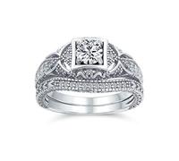AAA CZ Victorian Vintage Art Deco Style Heirloom Milgrain 1CTW Princess Brilliant Solitaire Engagement Ring Wedding Set Contoured Band For Women .925 Sterling Silver