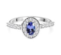 AAA Tanzanite & White Zircon Halo Ring in Rhodium-Plated Sterling Silver - Elegant Blue Gemstone & Zircon Accents - Size O