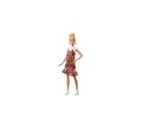 Barbie Fashionistas Doll #142 with Blonde Updo Hair Wearing Pink & Golden Plaid Dress, White Sneakers & Earrings, Toy for Kids 3 to 8 Years Old, GHW56