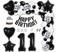 Aabellay 11th Birthday Party Decorations Black HAPPY BIRTHDAY Letter Banner White Latex Balloon Confetti Balloons Number Foil Balloon Crown Mylar Balloons Cake Topper for Anniversary Party Supplies