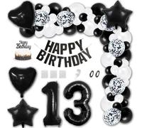Aabellay 13th Birthday Party Decorations Black HAPPY BIRTHDAY Letter Banner White Latex Balloon Confetti Balloons Number Foil Balloon Crown Mylar Balloons Cake Topper for Anniversary Party Supplies