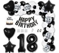 Aabellay 18th Birthday Party Decorations Black HAPPY BIRTHDAY Letter Banner White Latex Balloon Confetti Balloons Number Foil Balloon Crown Mylar Balloons Cake Topper for Anniversary Party Supplies