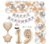 Aabellay 19th Birthday Party Decorations Caramel Gold Happy Birthday Banner Apricot White Latex Balloon Cream Number Foil Balloon with Hanging Swirl Streamer Cake Topper for Boy Girl Men Women
