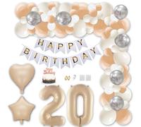 Aabellay 20th Birthday Party Decorations Caramel Gold Happy Birthday Banner Apricot White Latex Balloon Cream Number Foil Balloon with Hanging Swirl Streamer Cake Topper for Boy Girl Men Women
