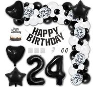 Aabellay 24th Birthday Party Decorations Black HAPPY BIRTHDAY Letter Banner White Latex Balloon Confetti Balloons Number Foil Balloon Crown Mylar Balloons Cake Topper for Anniversary Party Supplies