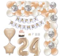 Aabellay 24th Birthday Party Decorations Caramel Gold Happy Birthday Banner Apricot White Latex Balloon Cream Number Foil Balloon with Hanging Swirl Streamer Cake Topper for Boy Girl Men Women