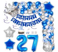 Aabellay 27th Birthday Party Decorations Blue Happy Birthday Banner Latex Confetti Balloons Number 27 Foil Balloon Silver Crown Star Mylar Balloon Cake Topper for Men Women Anniversary Party Supplies