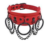 Aabellay Circle Choker Necklace PU Leather Goth Choker Collar with Black Studded Punk Rock Rivet Collar Adjustable Size - Double Layer with Circle - Red