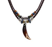 Aabellay Men Leather Tribal Necklace Vintage Bohemian Style Double Layers Braided Beaded Pendant Necklace Boho Hipppie Ethnic Wooden Tooth Rope Beads Choker for Women and Men - WT