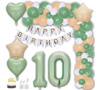 Aabellay Sage Green 10th Birthday Party Decorations White Gold Happy Birthday Banner Olive Green White Latex Balloon Cream Foil Balloon Number Foil Balloon with Cake Topper for Boy Girl Men Women