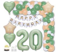 Aabellay Sage Green 20th Birthday Party Decorations White Gold Happy Birthday Banner Olive Green White Latex Balloon Cream Foil Balloon Number Foil Balloon with Cake Topper for Boy Girl Men Women