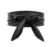 Aabellay Womens PU Leather Corset Cinch Waistband Waspie Waist Belt Retro Tied Wide Belt Bandage Girdle Wrap Bowknot Band Bow Tie Soft Faux Leather Obi Boho Style Halloween Costume - Black