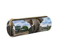 AABSTBFM African Wild Animals Elephant Printed Round Pencil Case Cute Leather Zipper Pen Pencil Pouch Bag for School, Office, and Travel