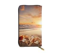 AABSTBFM Beach with Seashells Sunset Printed Leather Wallet for Women Men Zipper Purse Clutch Bag Long Wallet Card Holder