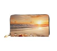 AABSTBFM Beach with Seashells Sunset Printed Leather Wallet for Women Men Zipper Purse Clutch Bag Long Wallet Card Holder