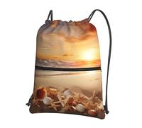 AABSTBFM beach with seashells sunset Printed Outdoor Drawstring Backpack Lightweight String Backpack Bags for Sports, Gym, Travel, Shopping, School