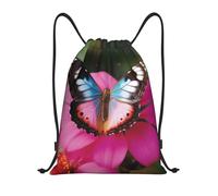 AABSTBFM Beautiful Butterfly on Pink Flower Printed Lightweight Drawstring Backpack | M - String Backpack Bags For Gym, Travel, Shopping, School