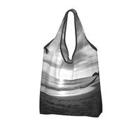 AABSTBFM Black and White Beach Printed Foldable Shopping Bag 1 PCS, Reusable Waterproof Grocery Bag Large Tote Bag, Shopper Handbag, And Beach Bag