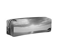 AABSTBFM Black and White Beach Printed Square Pencil Case Cute Leather Silver Zipper Pen Pencil Pouch Bag for School, Office, and Travel