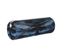 AABSTBFM Black Dragonfly Printed Round Pencil Case Cute Leather Silver Zipper Pen Pencil Pouch Bag for School, Office, and Travel