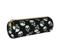 AABSTBFM Black Skull Printed Round Pencil Case Cute Leather Zipper Pen Pencil Pouch Bag for School, Office, and Travel