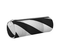 AABSTBFM Black White Stripe Printed Round Pencil Case Cute Leather Silver Zipper Pen Pencil Pouch Bag for School, Office, and Travel
