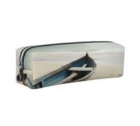 AABSTBFM Boat on the Beach Printed Square Pencil Case Cute Leather Silver Zipper Pen Pencil Pouch Bag for School, Office, and Travel