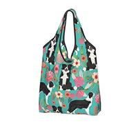 AABSTBFM Border Collie Florals Printed Foldable Shopping Bag 1 Pcs - Reusable Waterproof Grocery Bag Large Tote Bag, Shopper Handbag, And Beach Bag