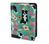 AABSTBFM Border Collie Florals Printed Passport Holder 5.5 in, Leather Travel Passport Cover Card Case Wallet for Women Men